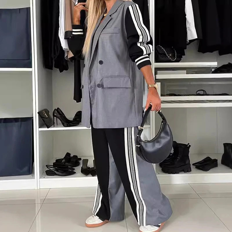 Elegant office double chest jacket set for autumn and winter womens loose long sleeved set fashionable color blocked straight pants set 250118
