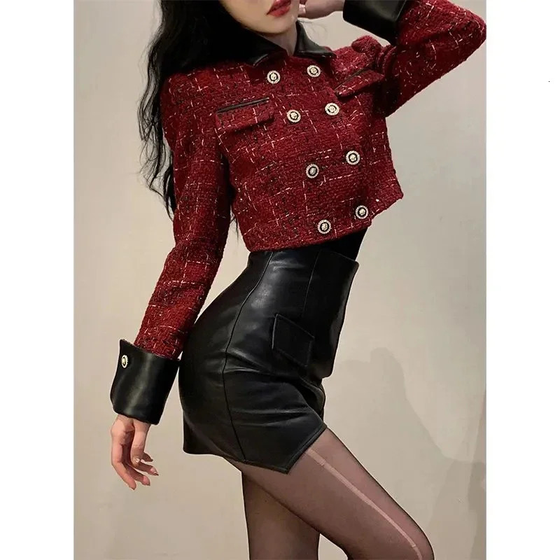 Vintage Cropped Tweed Jacket Women Elegant Blazers Korean Patchwork Short Suit Coats Christmas Double Breasted Chic Outerwear 250122