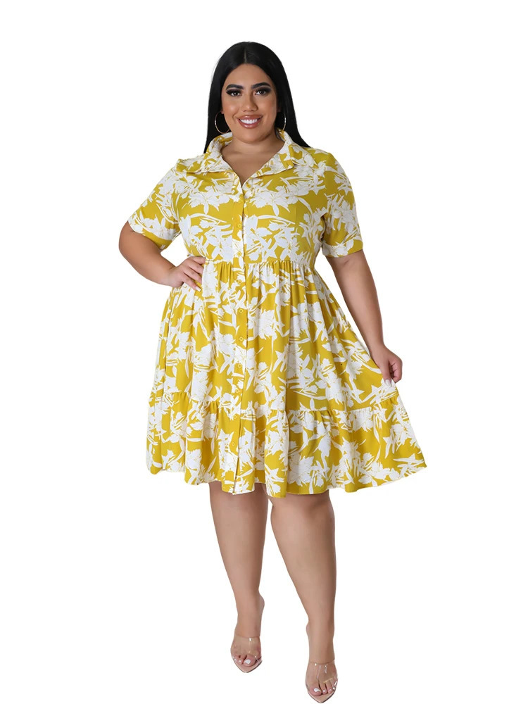 Plus Size Midi Dres Floral Print Female A Line Elegant Spring Summer Short sleeve Dress Casual Party Dresses 250121