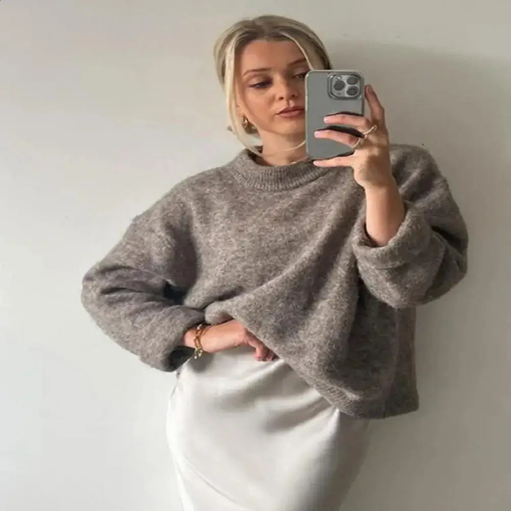 O-neck Rib Kintted Mohair Long Sleeve Sweater Women Autumn Winter Loose Cropped Jumper Female Fashion Casual All-match Pullover 250118