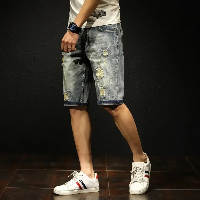 est Fashion Hole Denim Jean Mens Distressed Rip Colored Casual Jeans Short Pant Male Ripped Shorts Summer Clothes 250110