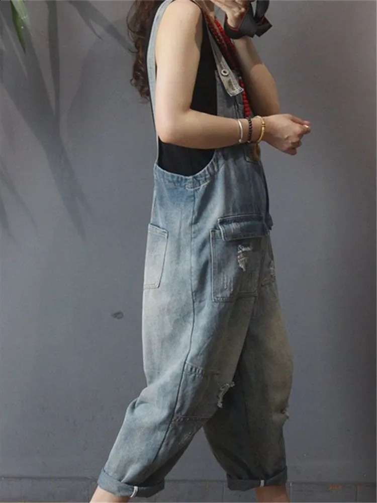 Spring Autumn Vintage Jeans Jumpsuits Women Loose Wide Leg Rompers Hole Denim Jumpsuit Ladies Front Pockets Suspenders Pants 250122