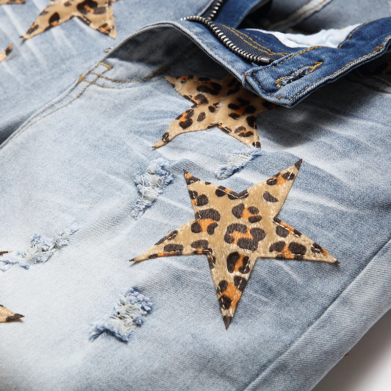 Mens Leopard Star Embroidered Jeans Slim Fit Stretch Ripped Hole Denim Pants Punk Style Streetwear Autumn Winter 28-42 250120
