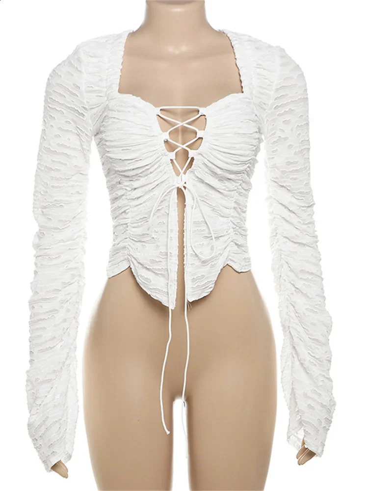 Autumn Fashion Ruffled T-shirt Cropped Top Female Hollow Out Lace-Up Patchwork Loose Outwear White Women Bandage Tee Coat 250113