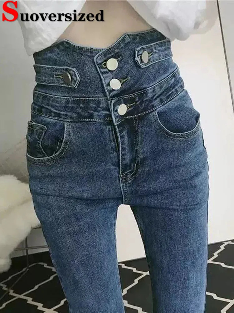 Korean n High Waist Pencil Jeans Woman Casual Vintage Skinny Stretch Denim Pants Spring Fall Streetwear Solid Kot Pantolon 250108