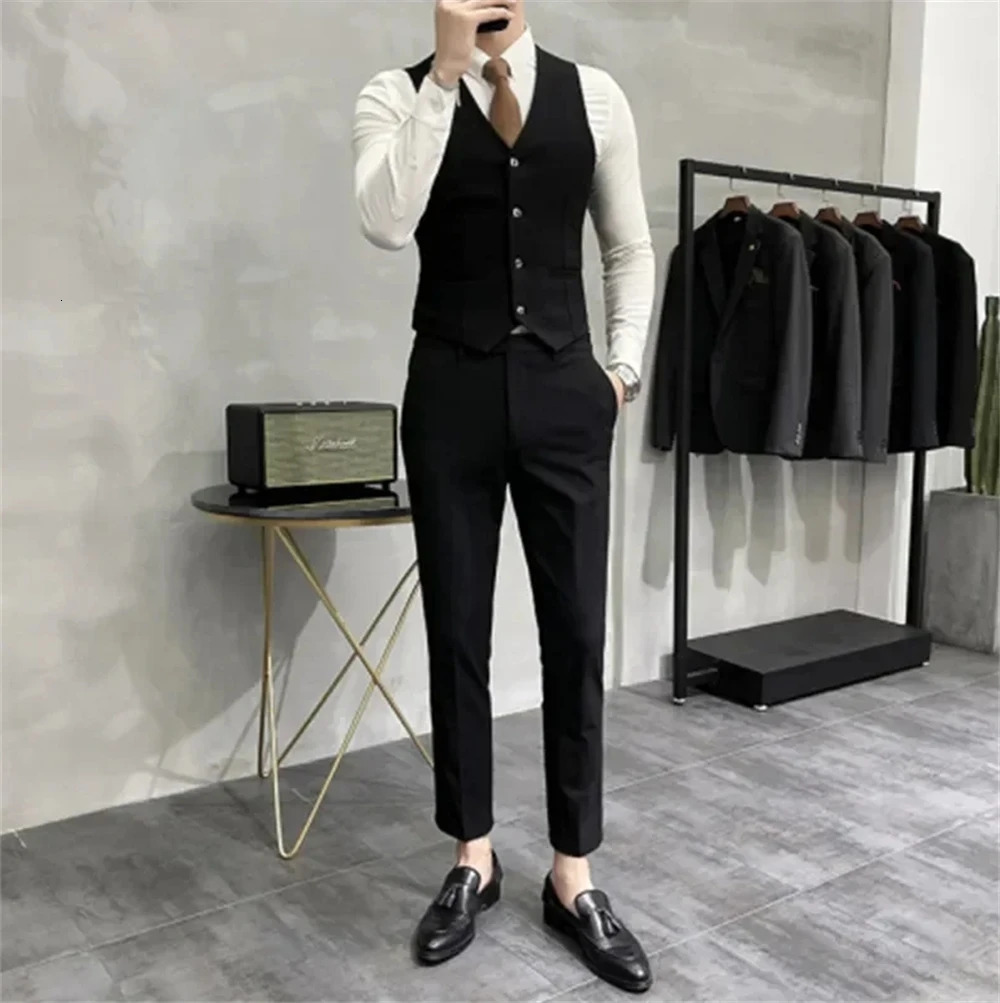 Highend Boutique Fashion Solid Color Mens Casual Business Suit 3Piece Set Groom Wedding Dress Jacket Vest Pants 250115