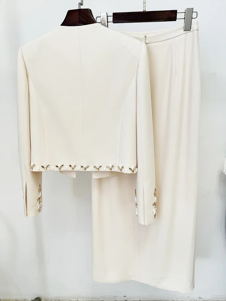 HIGH STREET est Fashion Suit Set Womens Rhinestone Diamonds Beaded Cardigan Jacket Split Half Skirt Set 2pcs 250122