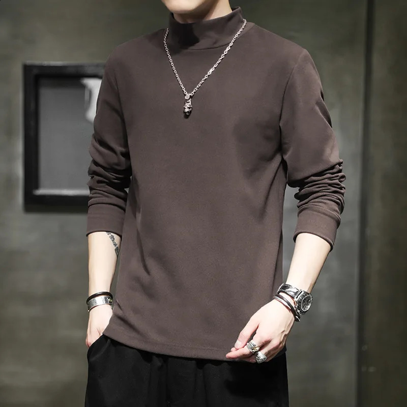 Autumn Mens TShirts Spring High Collar Slim Tee Shirt Long Sleeve Solid Color De Rong Warm Basic Tops Man Undershirts 250122