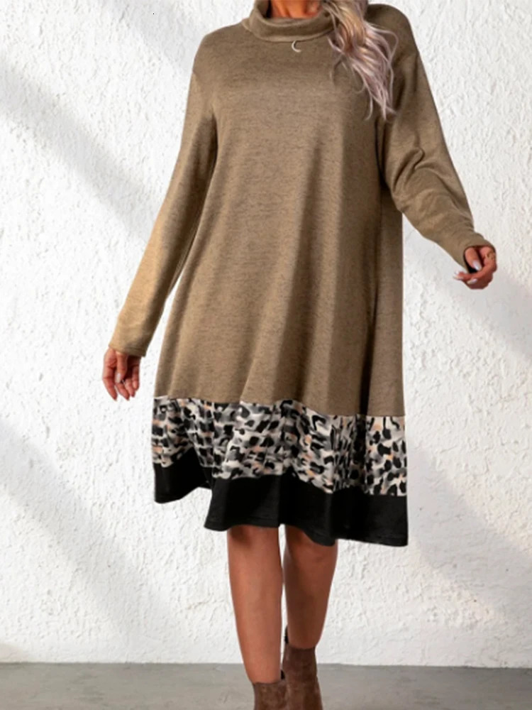 Womens Turtlemeck Long Sleeve Midi Dress Patchwork Vintage Casual Loose Straight Winter Streetwear Fashion Plus Size Dresses 250121