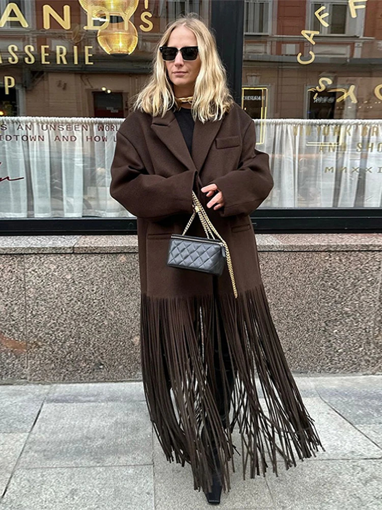 Elegant Tassel Hem Long Coat Women Patchwork Full Sleeve Turndown Collar Female Overcoat 2025 Fashion High Street Lady Outwear 250115