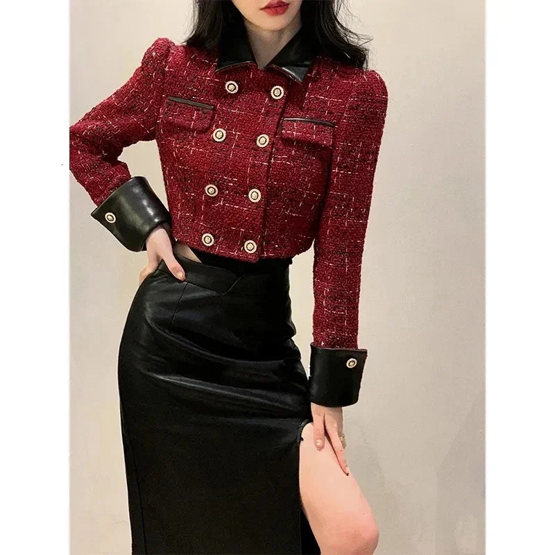 Vintage Cropped Tweed Jacket Women Elegant Blazers Korean Patchwork Short Suit Coats Christmas Double Breasted Chic Outerwear 250122