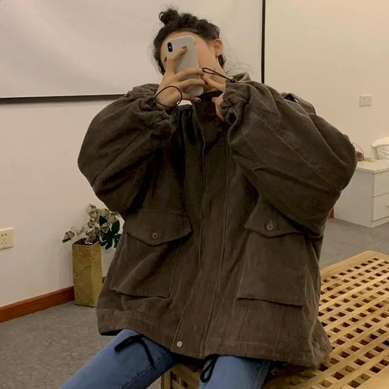 Oversized Jacket Corduroy Plus Velvet Thick Coat Loose Lamb Wool Autumn Winter 2024 Retro Clothes Coats 250113Z