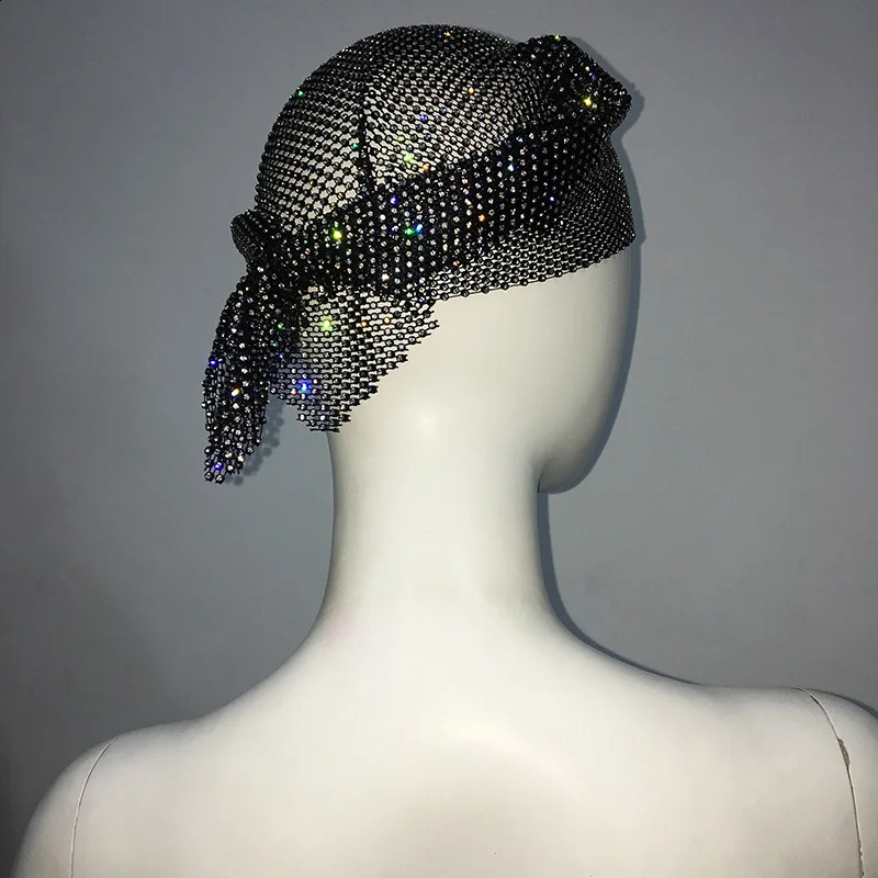 Shiny Diamond Turban Head Scarf Woman Fashion Rhinestone Mesh Hollow Out Night Club y2k Party Rave Girl Hijab Headscarf 250121