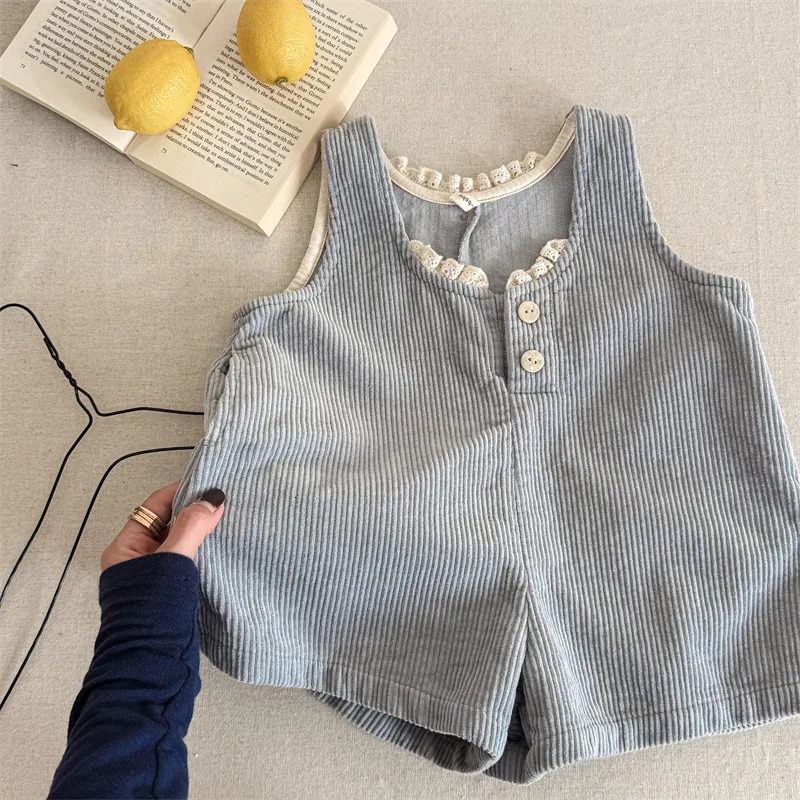 5264 Childrens Clothing Spring Girls Korean Corduroy Jumpsuit Pantsuit Casual Strap Pants 250117