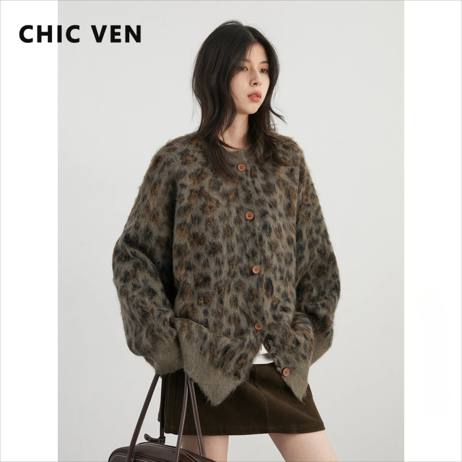 CHIC VEN Women Cardigan Loose Retro Single Breasted Leopard Print Sweater Jacket Female Knitted Jumpers Autumn Winter 250121
