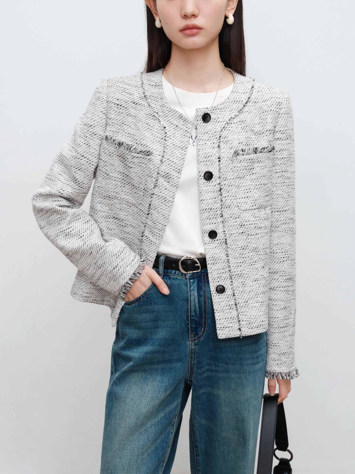 ZIQIAO Women Tweed Jackets Front Shoulder Temperament Short Grey French Style Cotton Coats Office Lady Round Neck Coat 24ZQ94278 250122