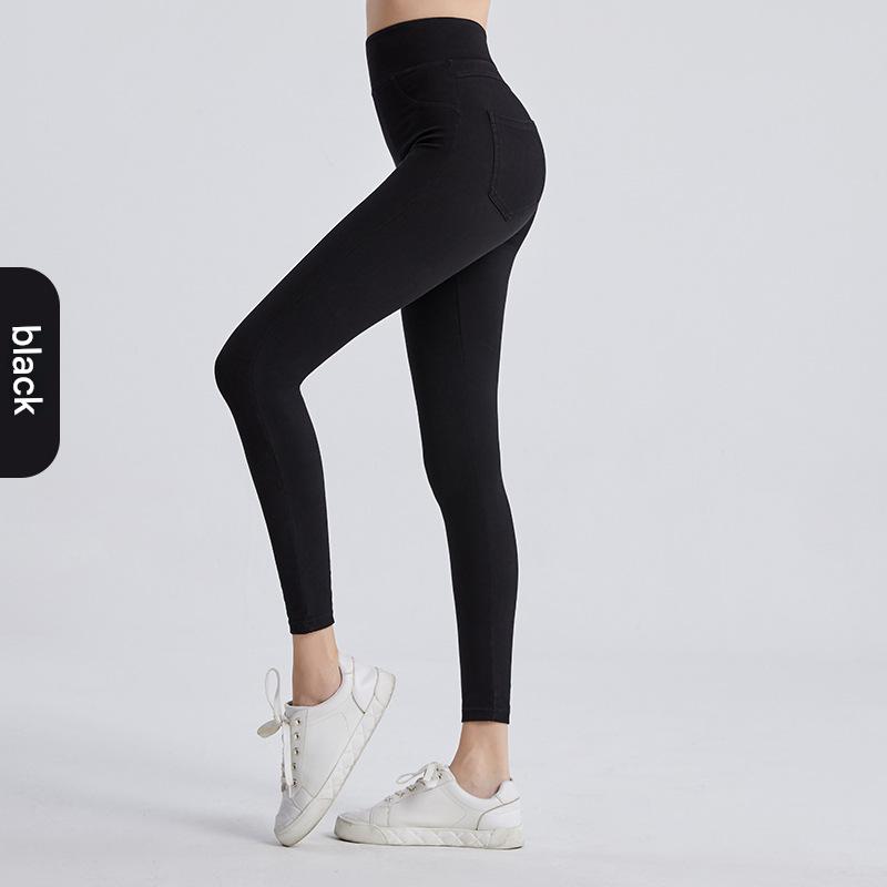 New hot-selling European and American high-waisted imitation jeans for women tight and thin hip lift, abdominal elastic outer wear, double pocket fitn