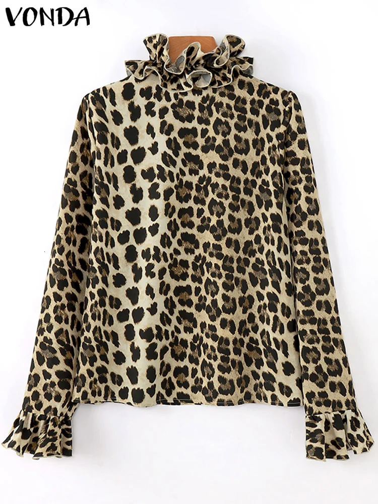 VONDA Women Office Blouses Flare Long Sleeve Tops Elegant Leopard Shirts 2024 Sexy Fitting Blusas Casual Tunic Oversized 250107