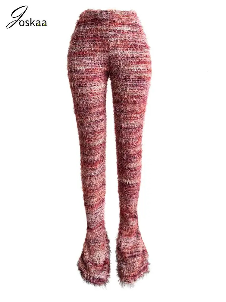 Joskaya Knitted Colorful Striped Stacked Pants for Women Sexy and Elastic Waist Ultra Thin and Fluffy Flared Trousers Womens Bottom Street Clothing 25
