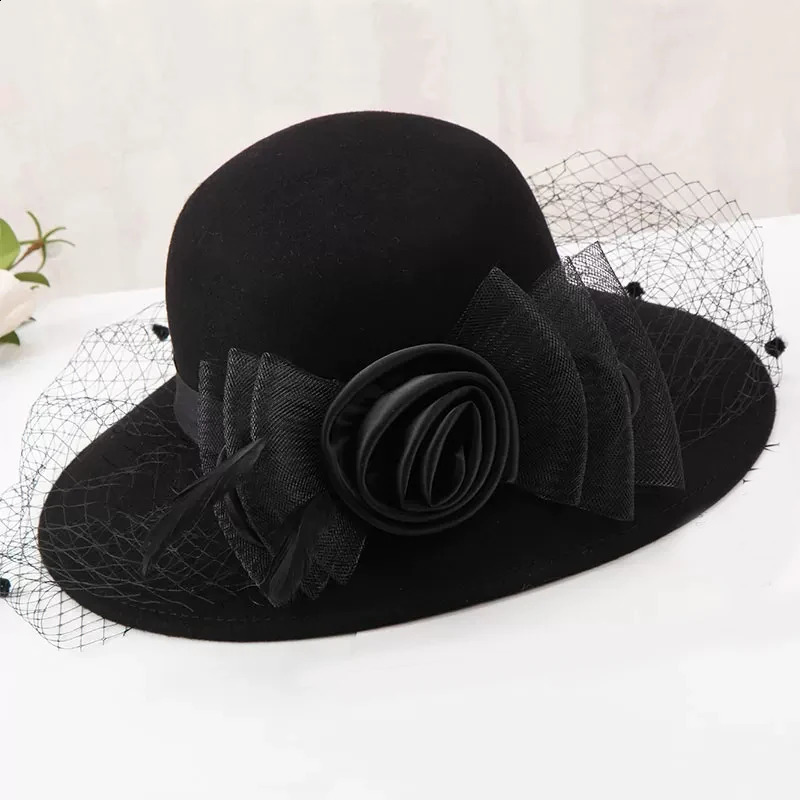 Elegant Women Wool Felt Fedora Wide Brim Hat Cloche Bowler Autumn Winter Church Hats Chapeau Femme Caps Wine Red Black 250118