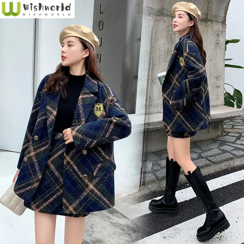 Fashionable autumn and winter womens set Korean plain coarse woolen retro slim elegant twopiece 250122