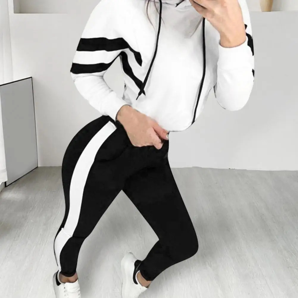 1 Set Womens Sweatshirt Sweatpants Long Sleeve Contrast Color Europe America Drawstring Hooded Sportswear 250122
