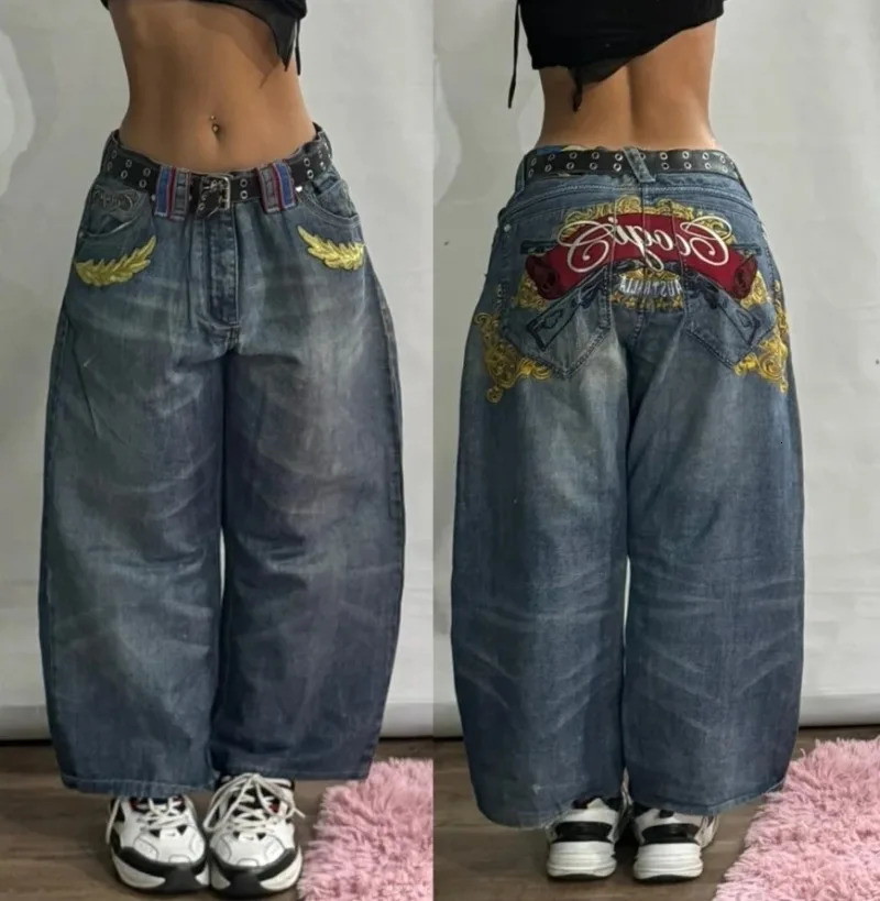 Streetwear Fashion Letter Graphic Embroidery Baggy Jeans Women Y2K Gothic Harajuku Vintage High Waist Wide Leg Pants 250117