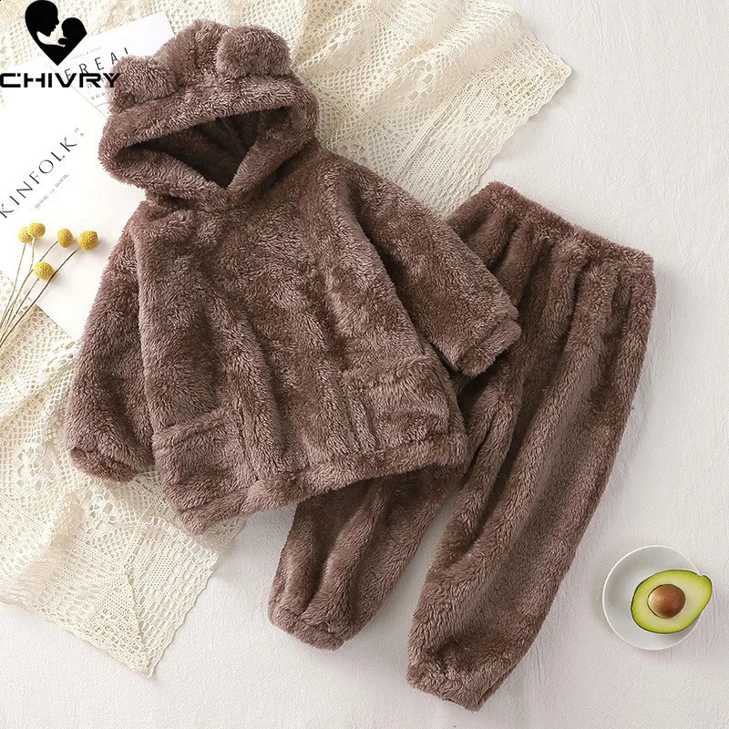 Kids Winter Pajama Sets Baby Boys Girls Thicken Fleece Warm Home Wear Children Cute Bear Hooded Sleepwear Pyjamas Clothing 250121