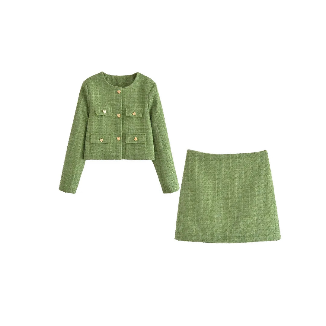 Womens coarse woolen jacket skiing suit 2024 autumn Oneck long sleeved buttoned elegant 2piece set womens mini 250122
