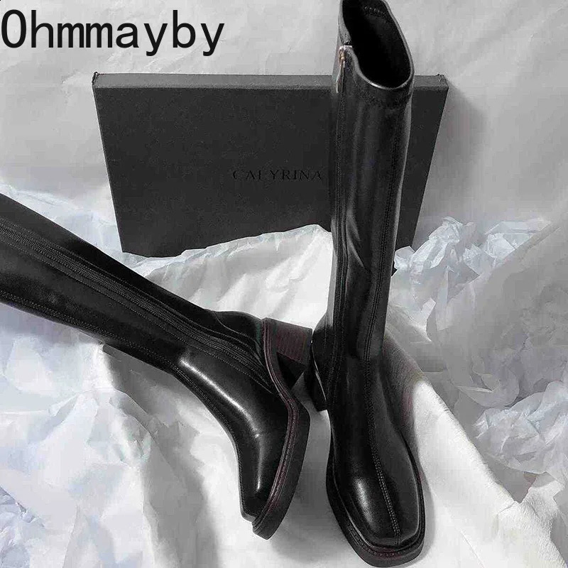 Vintage Thick Heel Women Knee High Boots Fashion Side Zippers Shoes Autumn Winter Ladies Concise Long Botas De Mujer 250118