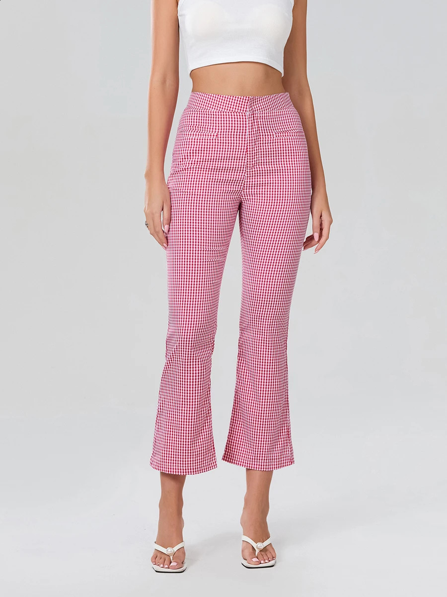 Women Checkered Trousers High Waist Plaid Pants Spring Summer Fashion Casual Sweatpants Fit Flared Leg Trendy Style 250122