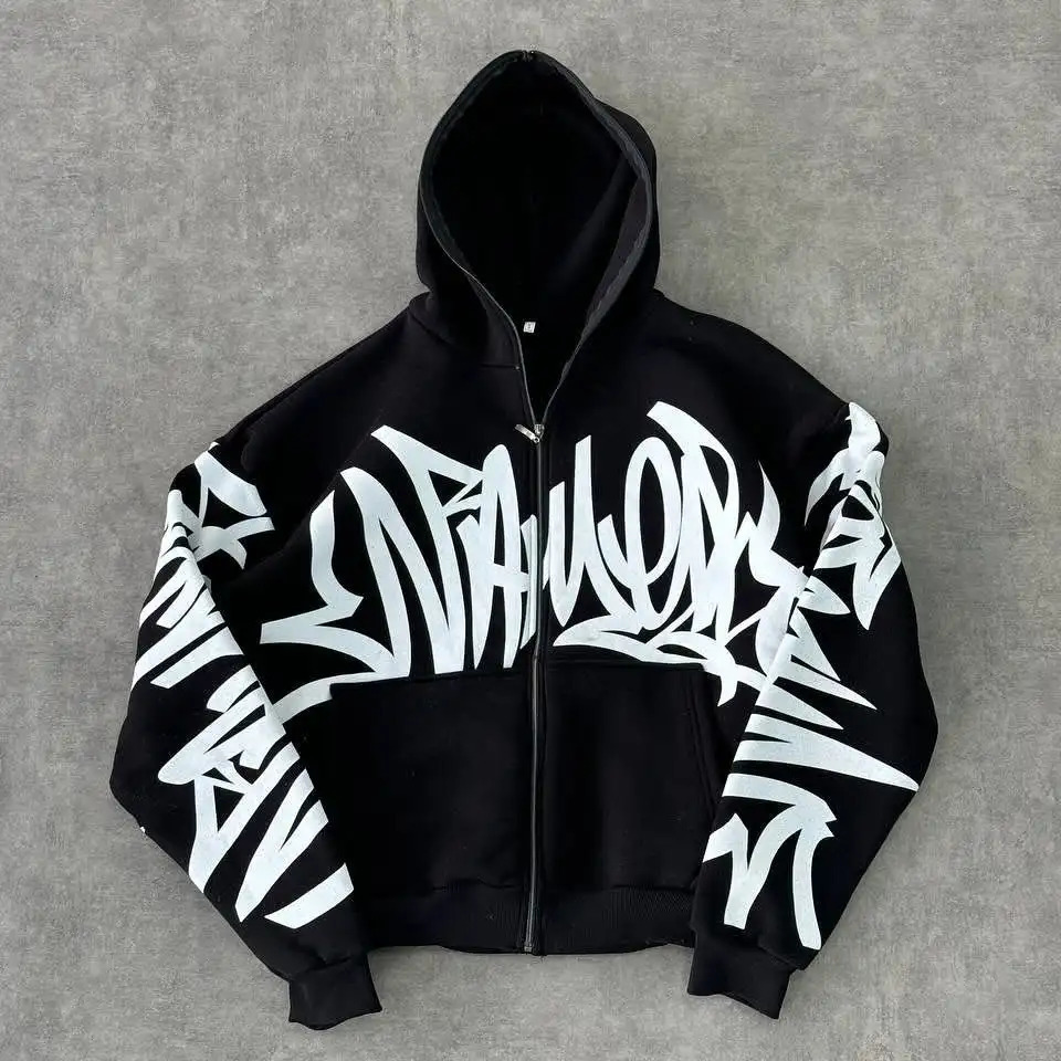 Y2K street fashion hooded Harajuku hip-hop retro oversized long sleeved jacket mens loose casual hooded jacket sportswear 250110