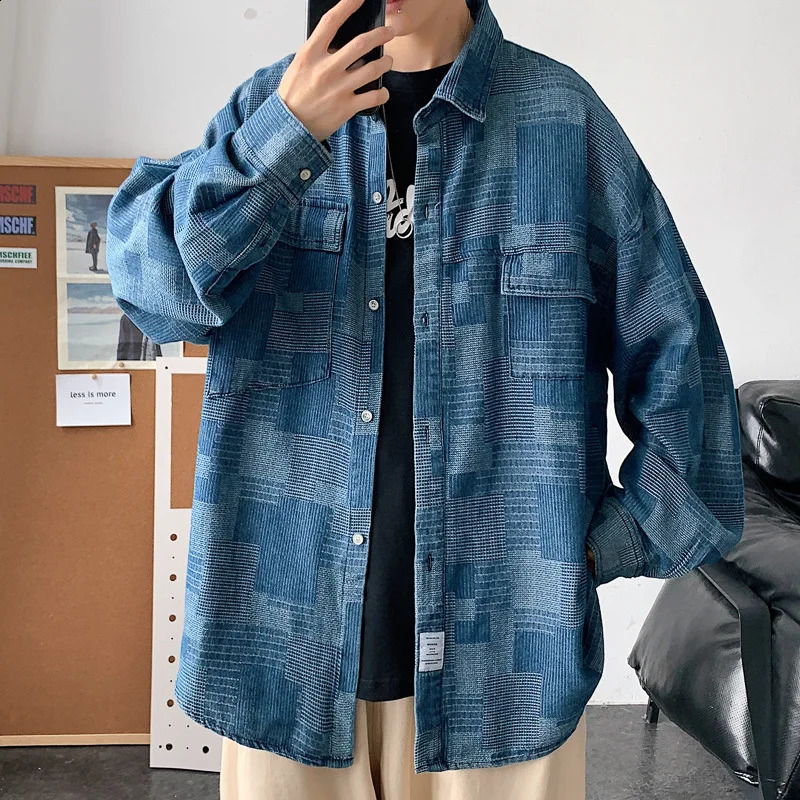 Hong Kong Style Autumn Denim Work Jacket Harajuku Shirt Men Thin Japanese Fashion Loose Longsleeved Casual 250110