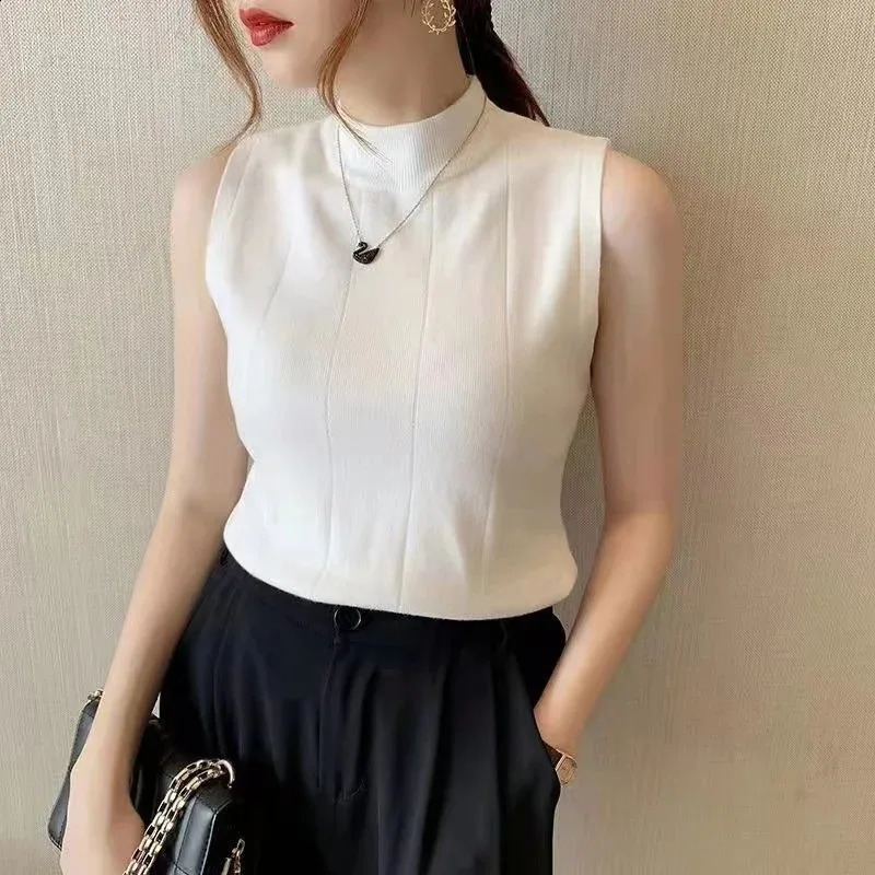 Korean Fashion Ladies Tops Spring Summer Women Casual Clothes Sleeveless Solid Blouse Knit Elastic Blouses 250122
