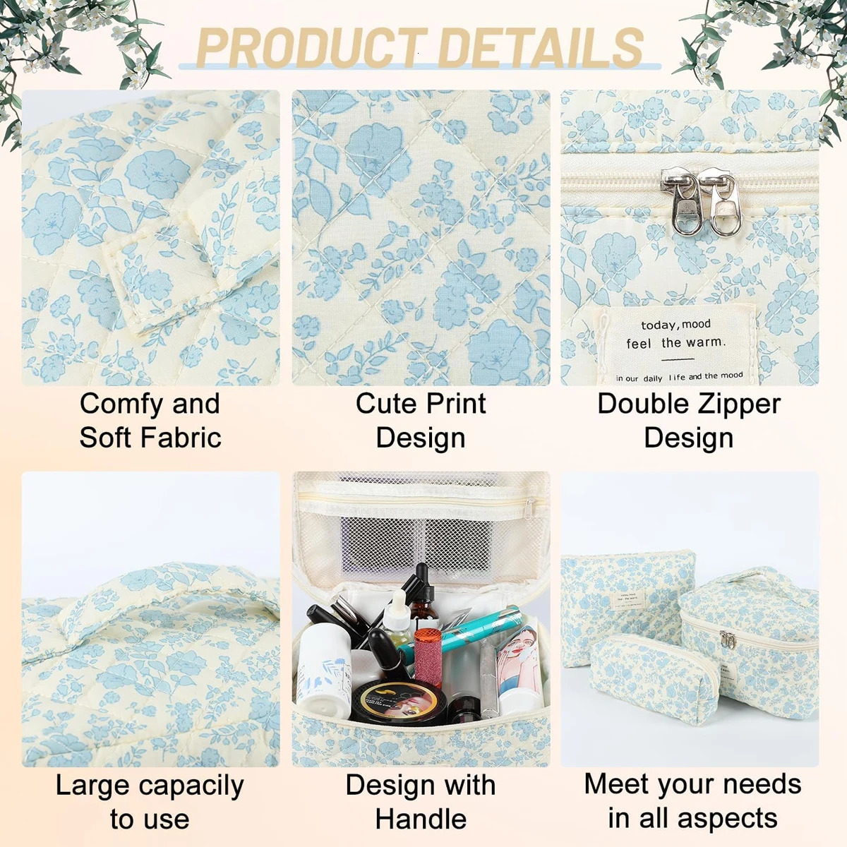 YANZAI 3 Pcs Cotton Quilted Makeup Bag Set Floral Cotton Cosmetic Bag Aesthetic Womens Large Capacity Toiletry Organizer250114