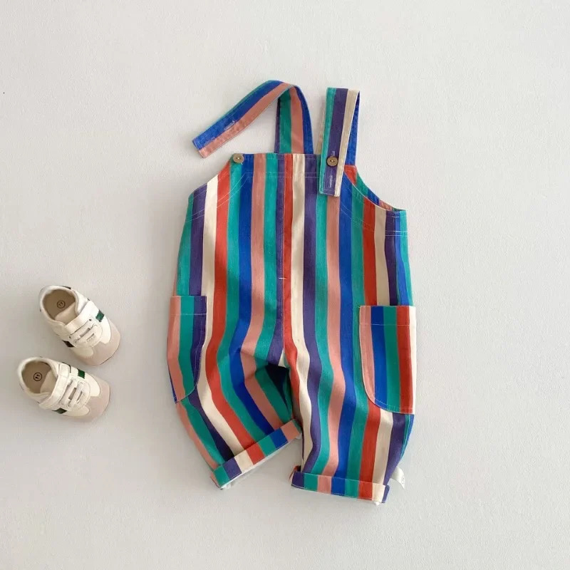 Spring Childrens Clothes Fashion Overalls Polka Dot Striped Jumpsuits Boys Girls Suspenders Pants Kids Playsuit 250117