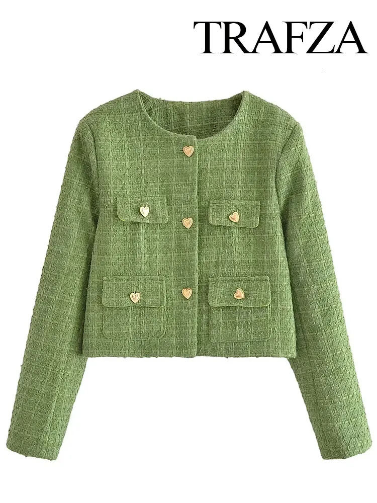 TRAFZA Suits For Women Fashion Green Coarse Weaving Loose Single Breasted Jackets Slim Chic And Elegant Womens Autumn Skirts 250122