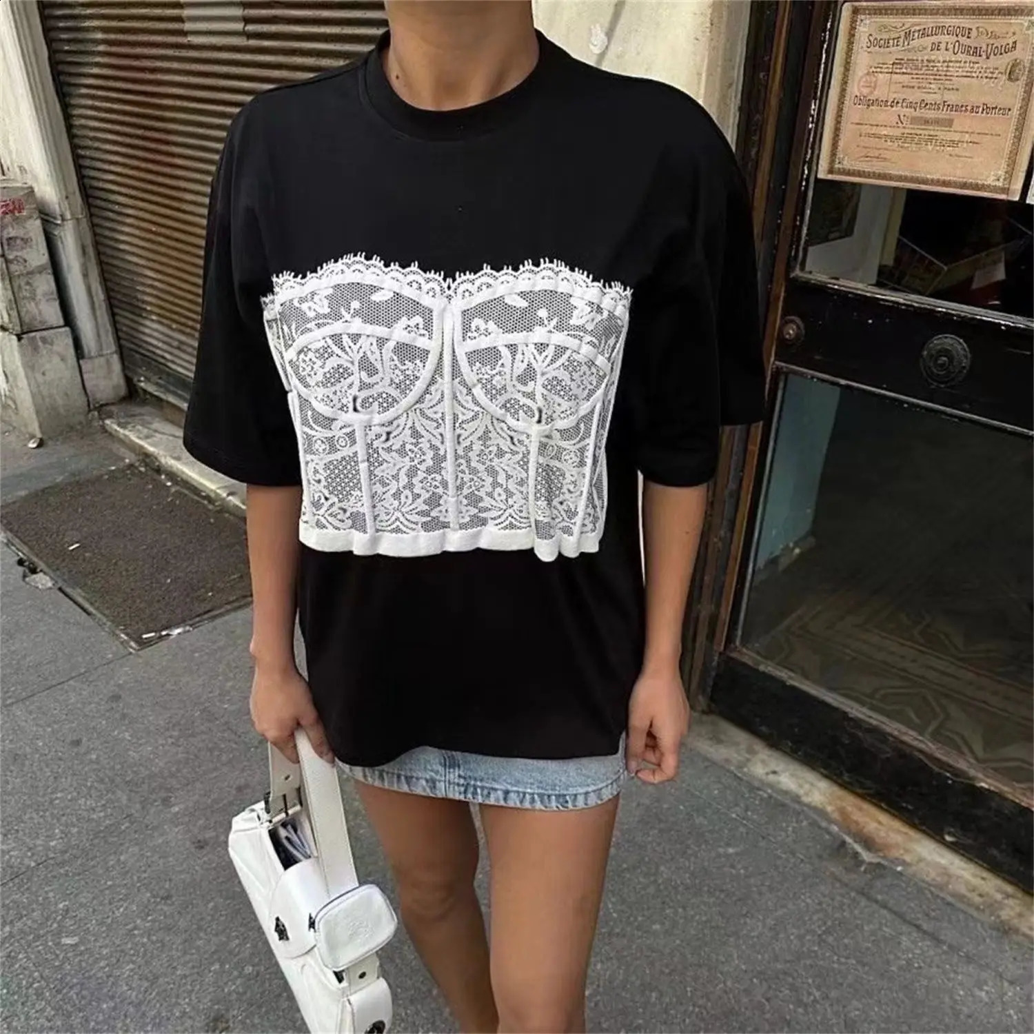 American retro national trend loose and versatile casual street pure cotton short-sleeved with chic printed tie tops 250118