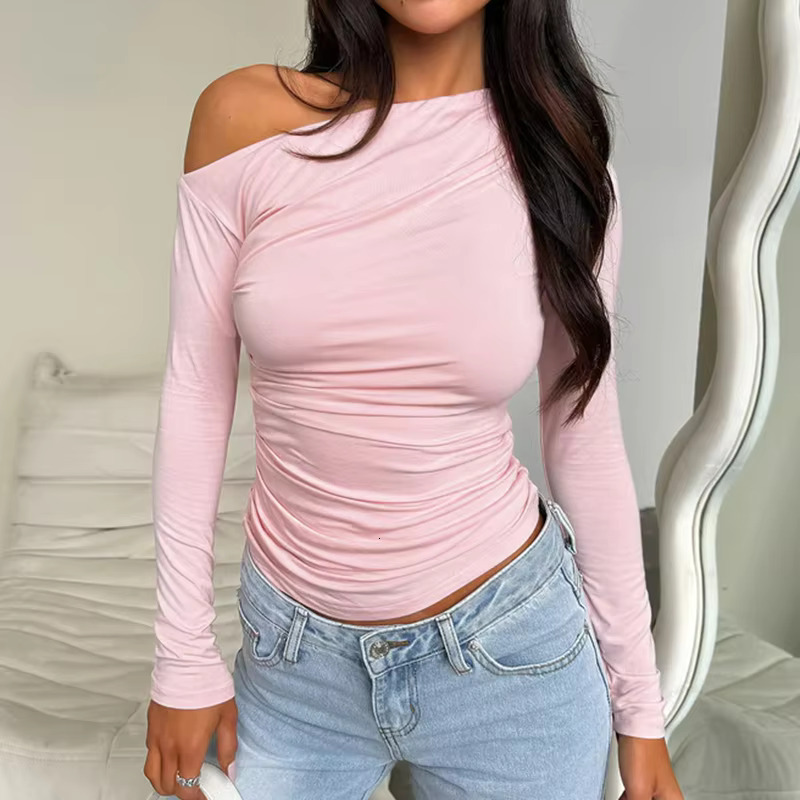 Women's Elegant Directional Design New Simple Style Corseted Diagonal Shoulder Asymmetric Slim Long Sleeve Top