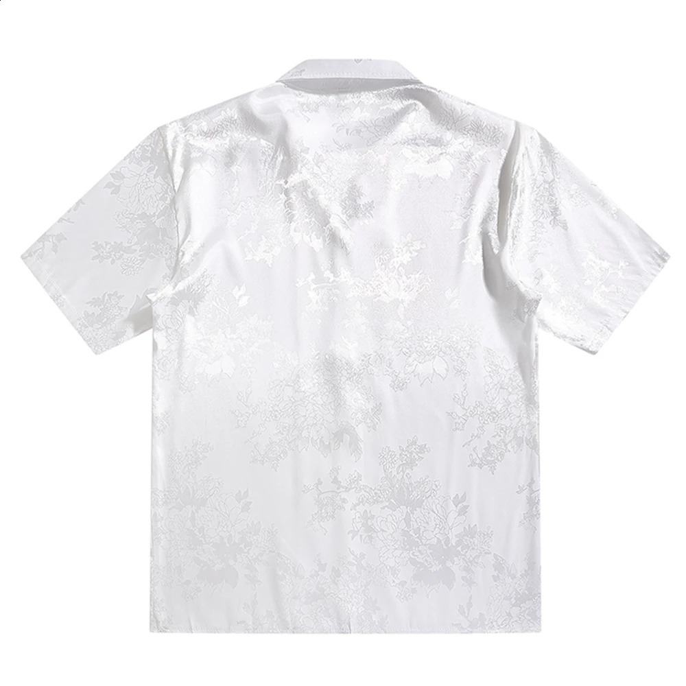 Cuba Collar Flower Jacquard Vintage Mens Shirts Satin Soft Cool Material for Men Women Unisex Clothing White Beige Black 250110
