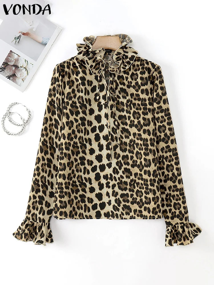 VONDA Women Office Blouses Flare Long Sleeve Tops Elegant Leopard Shirts 2024 Sexy Fitting Blusas Casual Tunic Oversized 250107