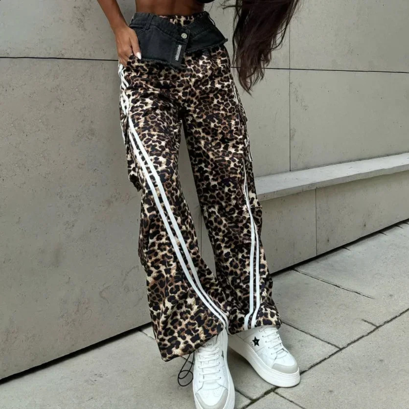 Autumn Womens Casual Wide Leg Leopard Pants Women Clothing Cowboy Spliced Vintage Sweatpants Y2k Cargo Pants Women 250117
