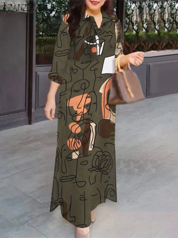Autumn Spring Printed Dress Baggy Sundress ZANZEA Stylish Women Long Shirt Dress Vintage Lapel Neck Work Vestidos Kaftan 250122