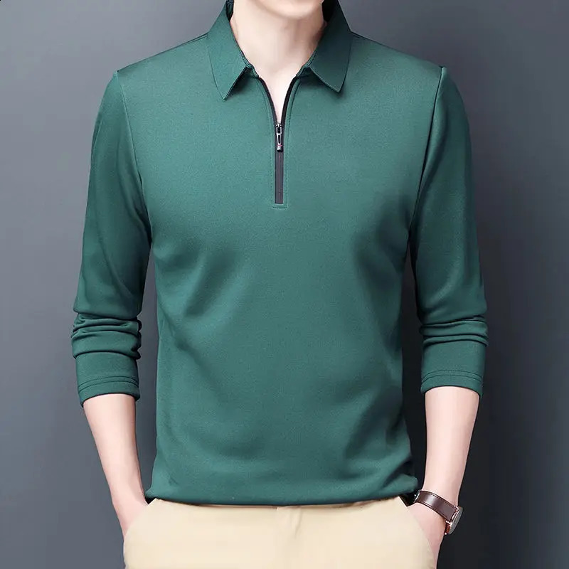 Smart Casual Mens Solid Polo Shirt Spring Autumn Long Sleeve Zipper Collar Business Fashion Loose Polos Tops Clothing 250120