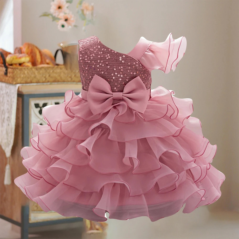 Flower Girls Wedding Bridesmaid Party Dress Kids Sequin Princess Gown For Baby Toddler 1st Birthday Bow Clothes Evening Costumes 250120