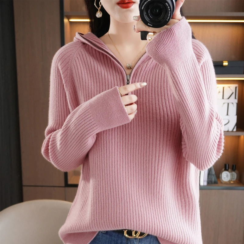 Spring Autumn Knit Hooded Sweater Women Solid Long Sleeve Tops Fashion Female Quality Zipper Loose Basics Pullover Pull Jumper 250114
