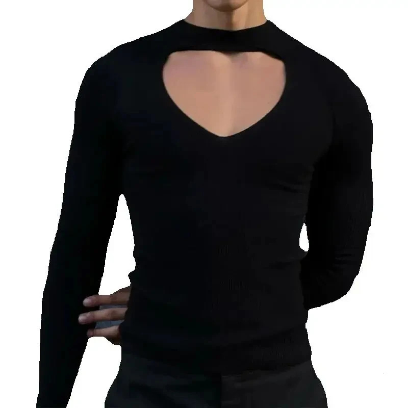 Sexy Hollow Out Elastic Slim T Shirt Mens Autumn Fashion Long Sleeve Solid Color Bottoming T-shirts Y2K Men Clothes Streetwear 250117