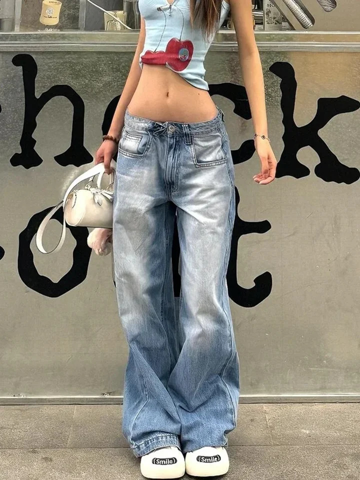 Women American Vintage Y2k Japanese Harajuku Shoujo Tomboy Baggy Low Rise Denim Pants Long Trousers 2000s Aesthetic Jean Kpop 250118