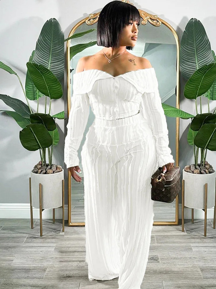 BKQU White Ruched Two Piece Sets Women Sexy Off Shoulder Long Sleeve Crop Top and Wide Leg Pants Matching Party Club Outfit 250118