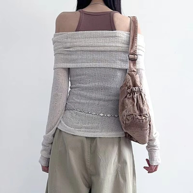 Rockmore Chic Retro One-Shoulder Printed Top Slim Thin Long Sleeve T-Shirt Vintage Streetwear Aesthetic Haruku Casual Outfits